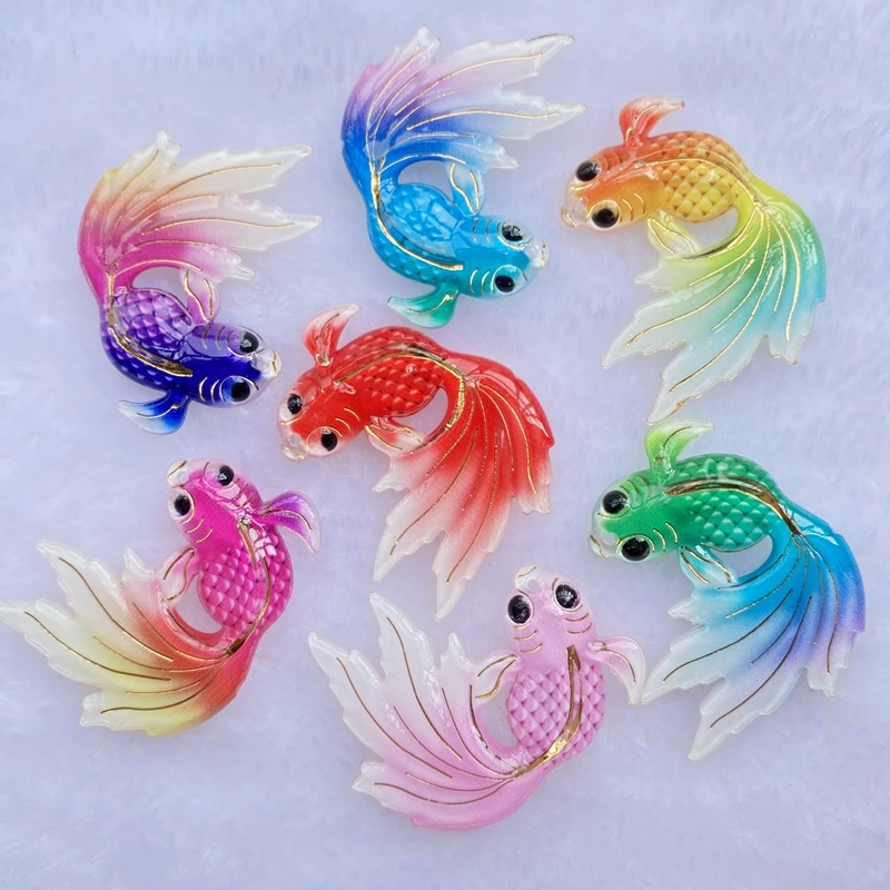 10Pcs New Acrylic Cute Goldfish With A Hole Flat Back Cabochon Scrapbooking Hair Bow Center Embellishments DIY Accessories F70