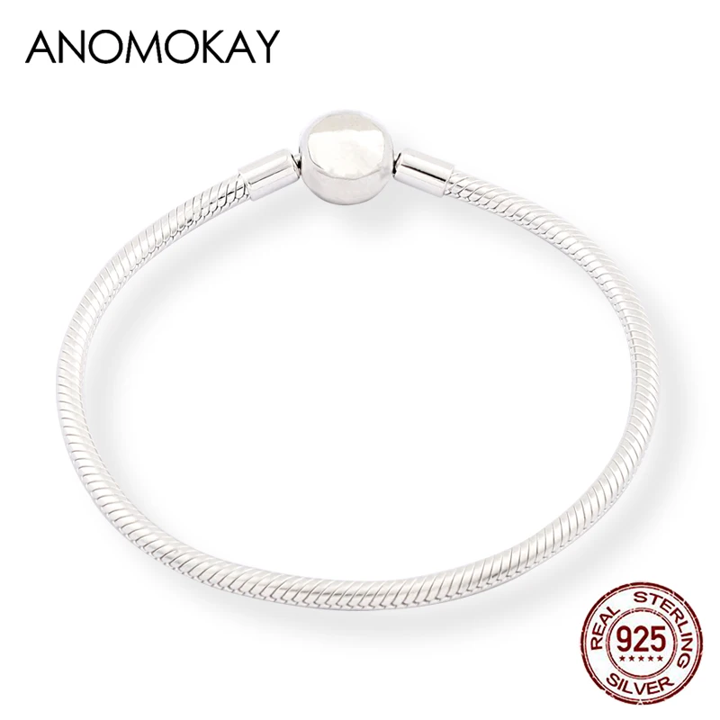 Anomokay Classic Round Clasp S925 Basic Bracelet 100% 925 Sterling Silver Chain Link Charm Bracelets & Bangles for Xmas Gift