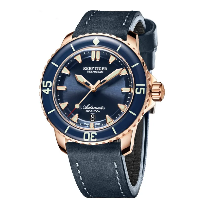 Reef Tiger/RT Luxury Blue Leather Strap Super Luminous Men Watch New Dive Sport Watches Automatic Mechanical Watches