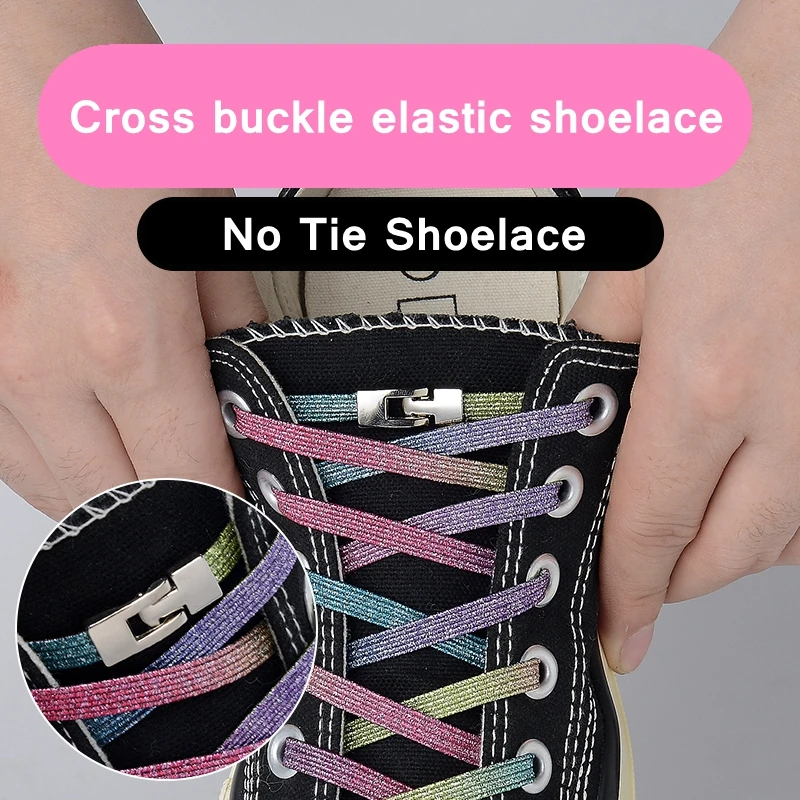 1Pair Elastic Locking Shoelaces Cross buckle Candy Flats No Tie Shoelace Quick Sneakers Locking Shoe laces Kids Adult Shoelaces