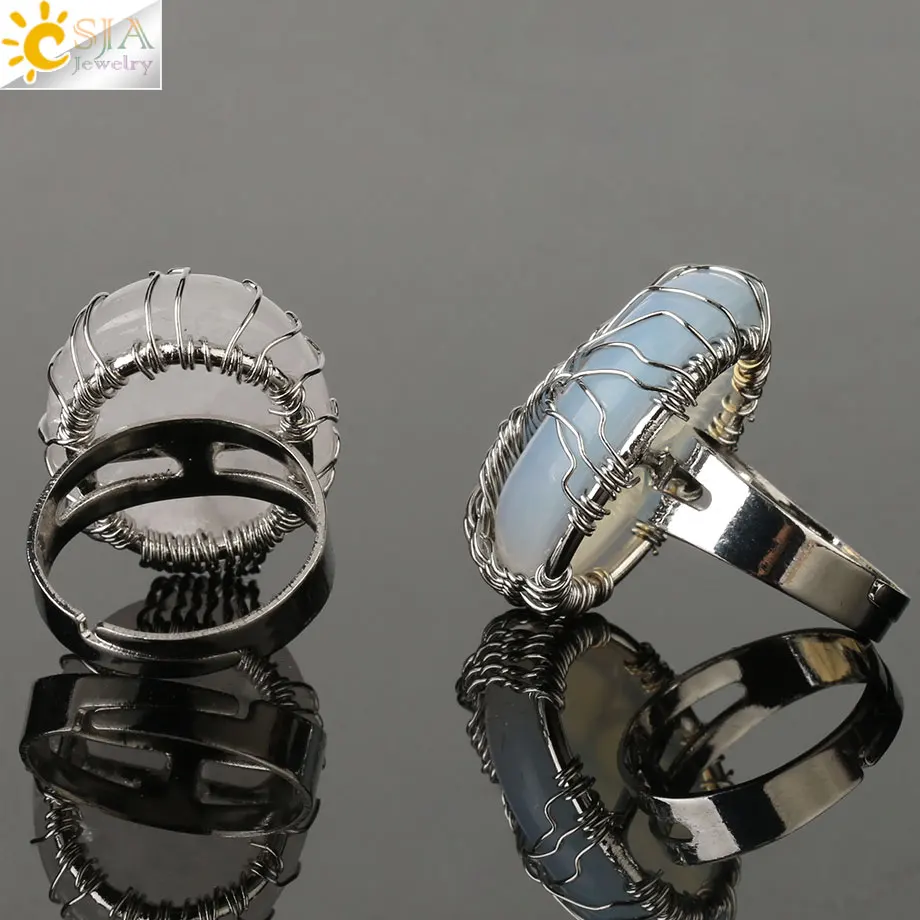 CSJA Oval Reiki Natural Stone Finger Rings Silver-color Tree of Life Wire Wrapped Resizable Women Ring Trendy Jewelry Party G278