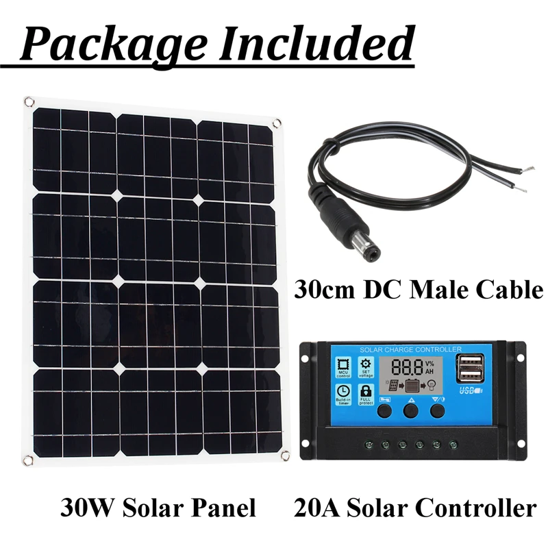 3in1 30W 12V/5V DC USB Solar Panel Kit Solar Power System Suit 20A PWM Multifunction Controller 30cm DC Cable free shipping