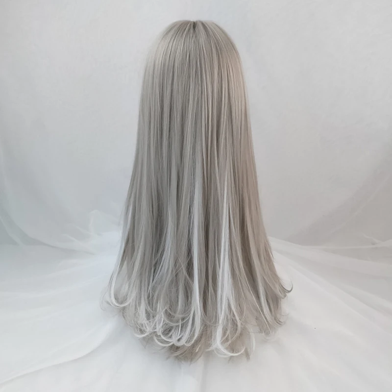 GAKA Long Synthetic Hair Gray Highlighting Hanging Ear Dyeing Micro-Volume Curly Wigs