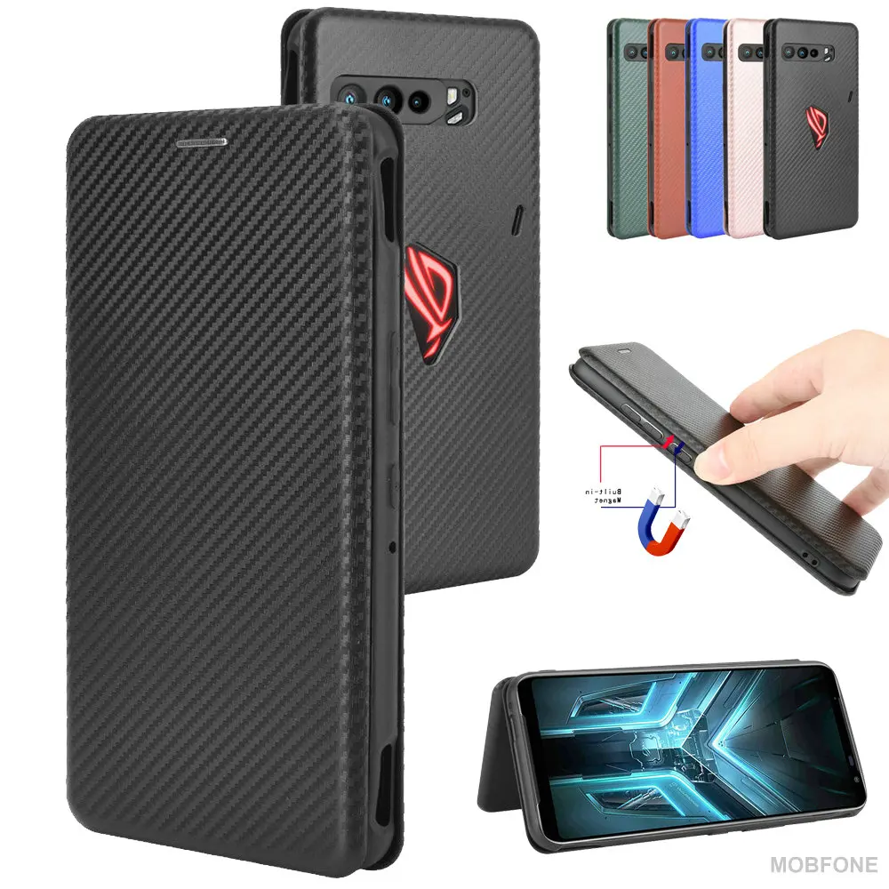 

Rog Phone 5 Carbon Fiber Leather Case ROG Phone 3 ZS661KS Business Wallet Flip Stand Cover ROG Phone 2 ZS660KL Bags Bumper Etui