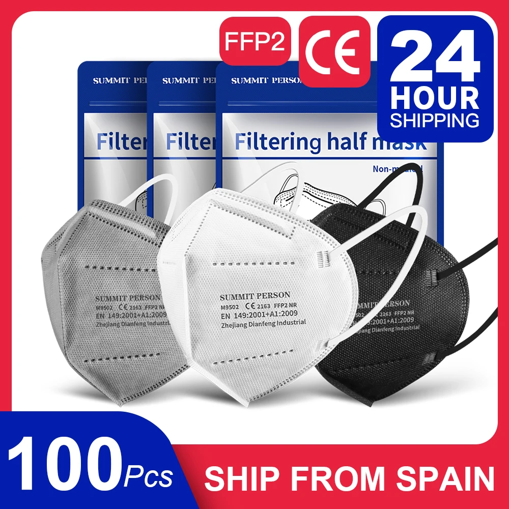 100 Stuks Schip Uit Spanje Zwart Fpp2 Maskers Grijs Wit Certificaat Voor Ce FFP2 KN95 Mond Gezicht Masque FFP2masks