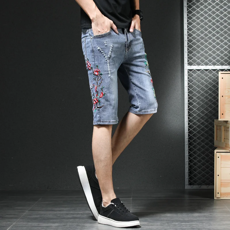 

Embroidery Summer Dragon Denim Shorts Men Vintage Personalized Stretch Frayed Knee-Length Jeans Fashion Straight Hot Pants