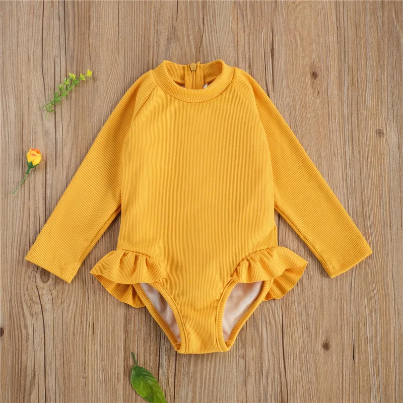 Summer Teenager Girls Swimsuit One-Piece Girls Swimming Long Sleeve Children Ruffles Swimwear Kids Swim Costume Beachwear