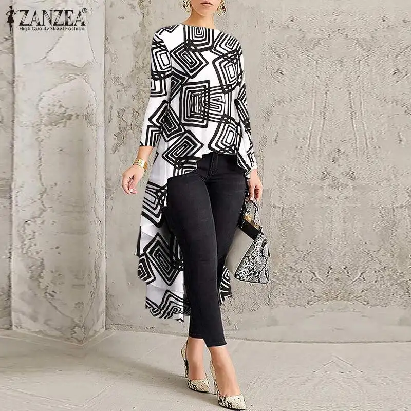 Women Casual Long Sleeve Blusa Irregular Blouse 2023 ZANZEA Elegant Geometric Printed Tops Female O Neck Tunic  Chemise