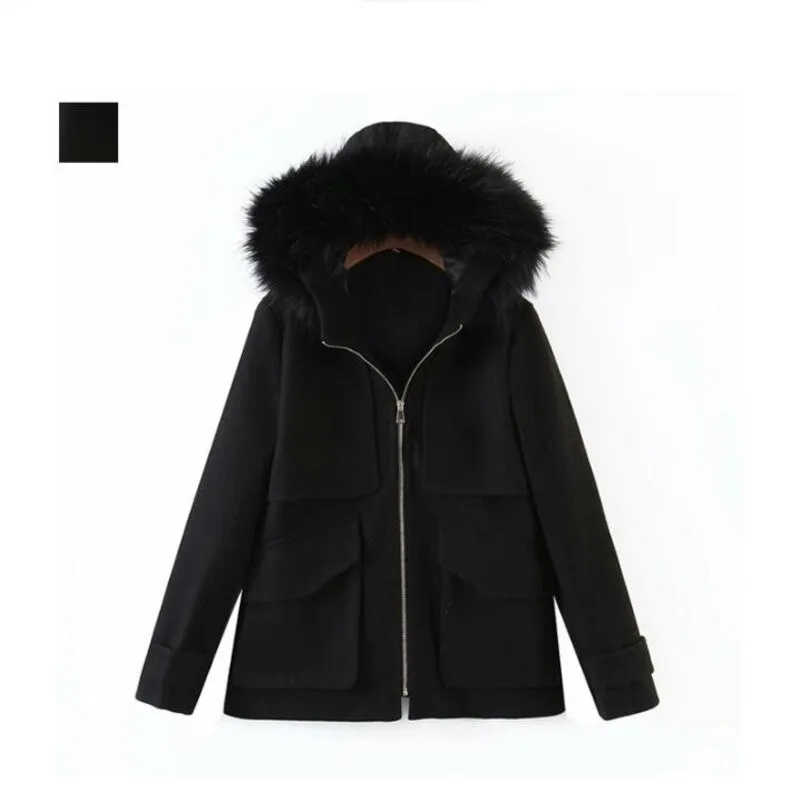 Moda donna cappuccio nero con collo di pelliccia giacca di lana cappotto manica lunga capispalla femminile inverno nuova moda cappotto All-match