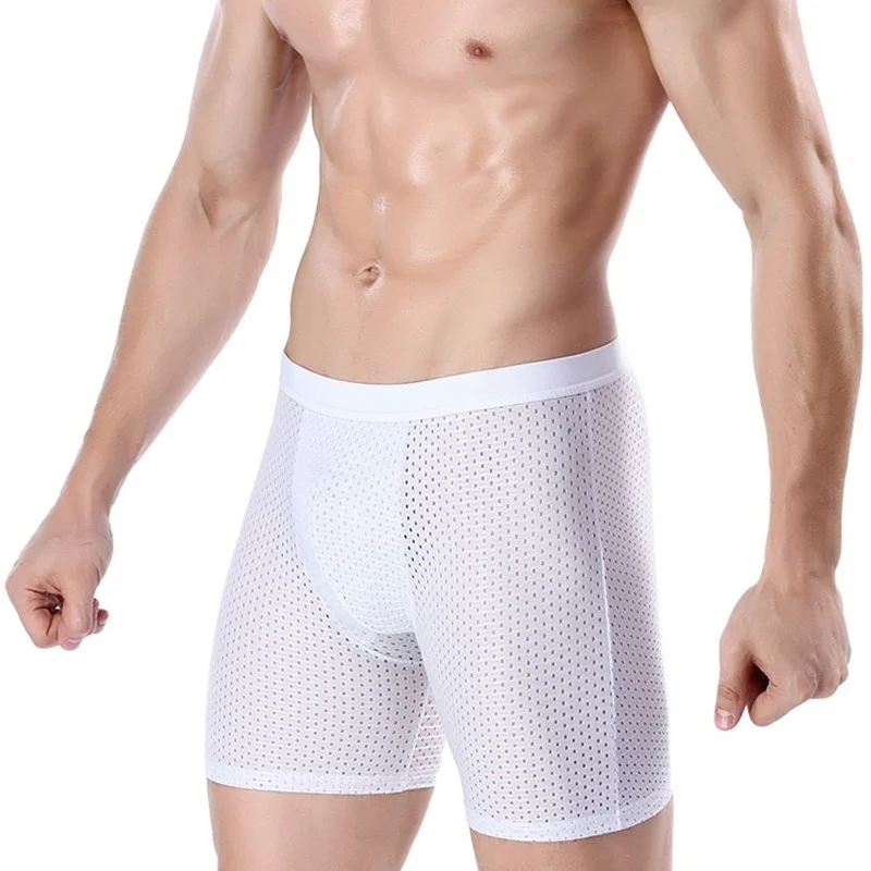 

Men Long Boxer Shorts Ultra-thin Mesh Seamless Underwear Sports Gym Running Fitness Breathable Boxershorts Slip Homme Trunks 4XL