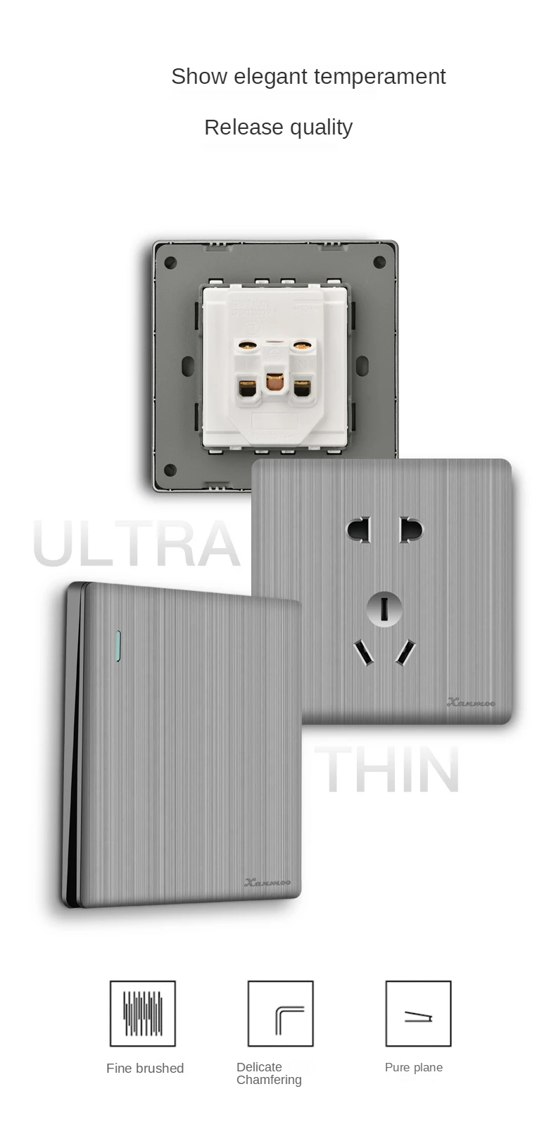 86mm Ultra-Dünne Schalter-Serie 1/2/3/4-fach 1/2-Wege PC-Panel Grau Flachpanel Verdeckter Einbau-Wandschalter-Set – Detail 5