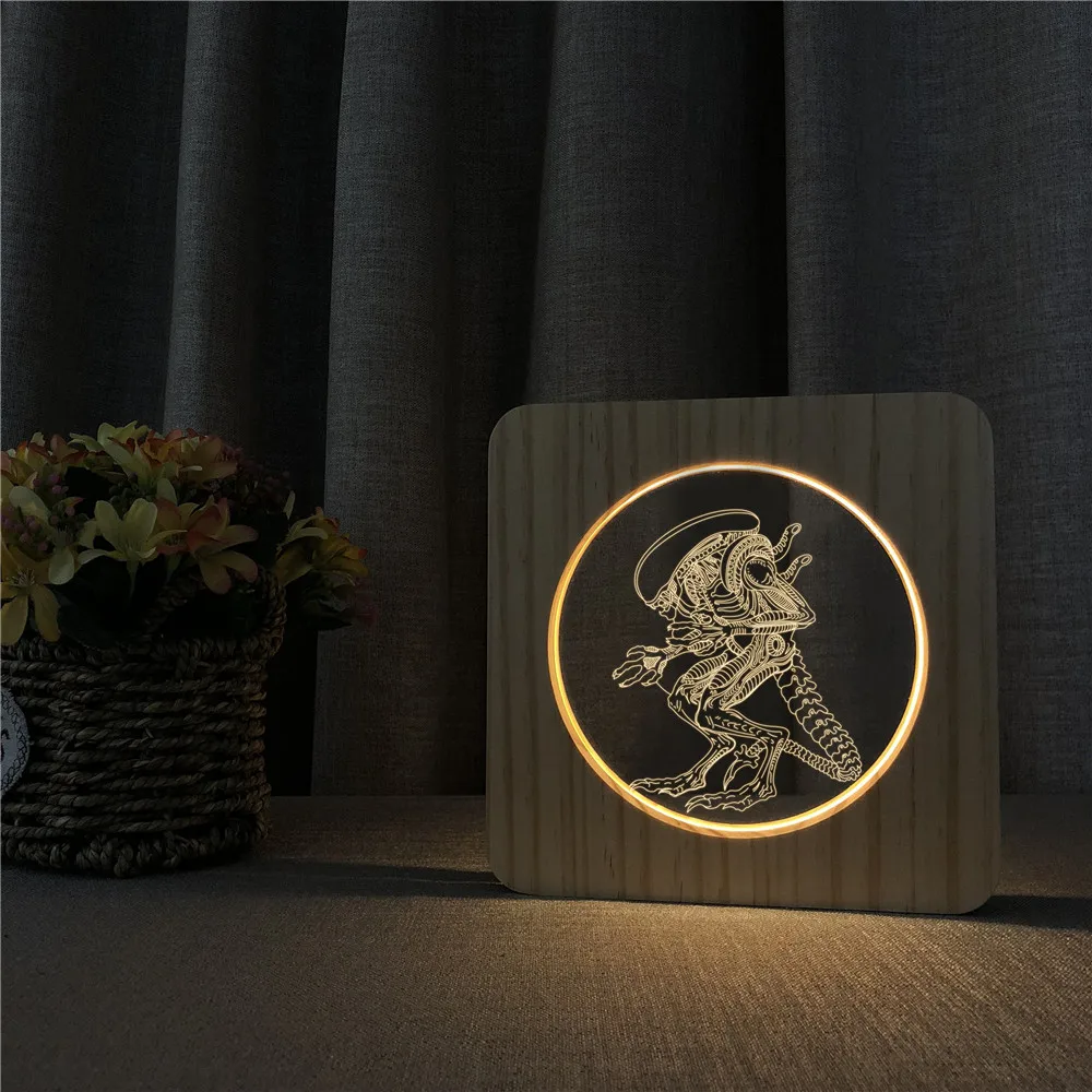 Alien Monster 3D LED Arylic Wooden Night Lamp Table Light Switch Control Carving Lamp for Friends Fan's Party Birthday Gift