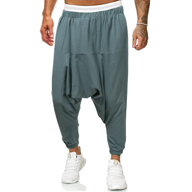 

Mens Streetwear Cotton Linen Cross-Pants Men Baggy Solid Black Harem Pants Male HipHop Joggers Trousers Man Wide Legs Pants