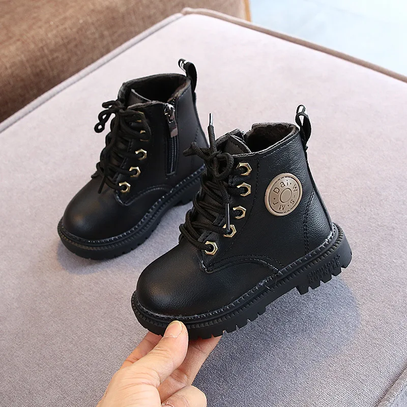 2023 British Spring Autumn Winter Children Boots Boys Girls Leather  Boots Plush Waterproof Non-slip Warm Kids Boots Shoes