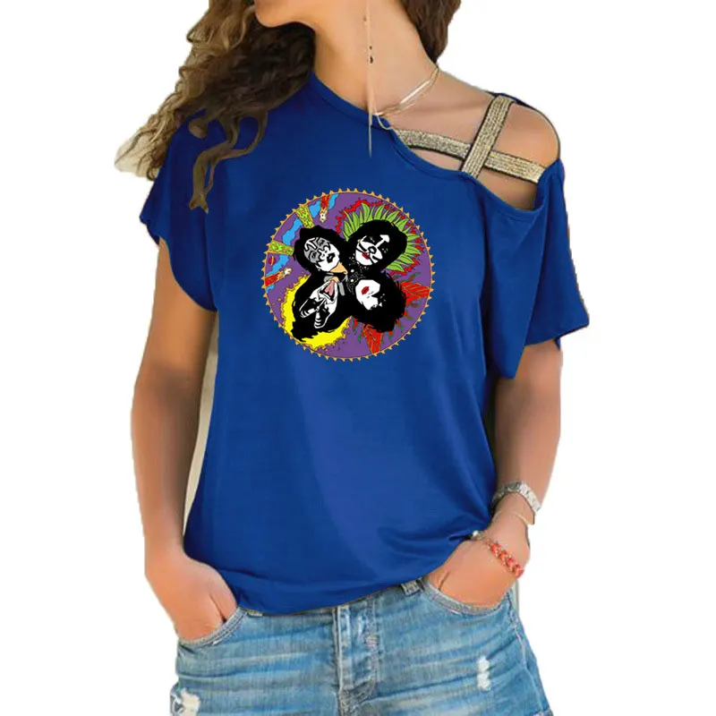 Kiss T Shirt Women Short Sleeve Vintage 1980 Rare Rock Band Concert tee 80\'s Girls T-shirt Irregular Skew Cross Bandage Tee Tops