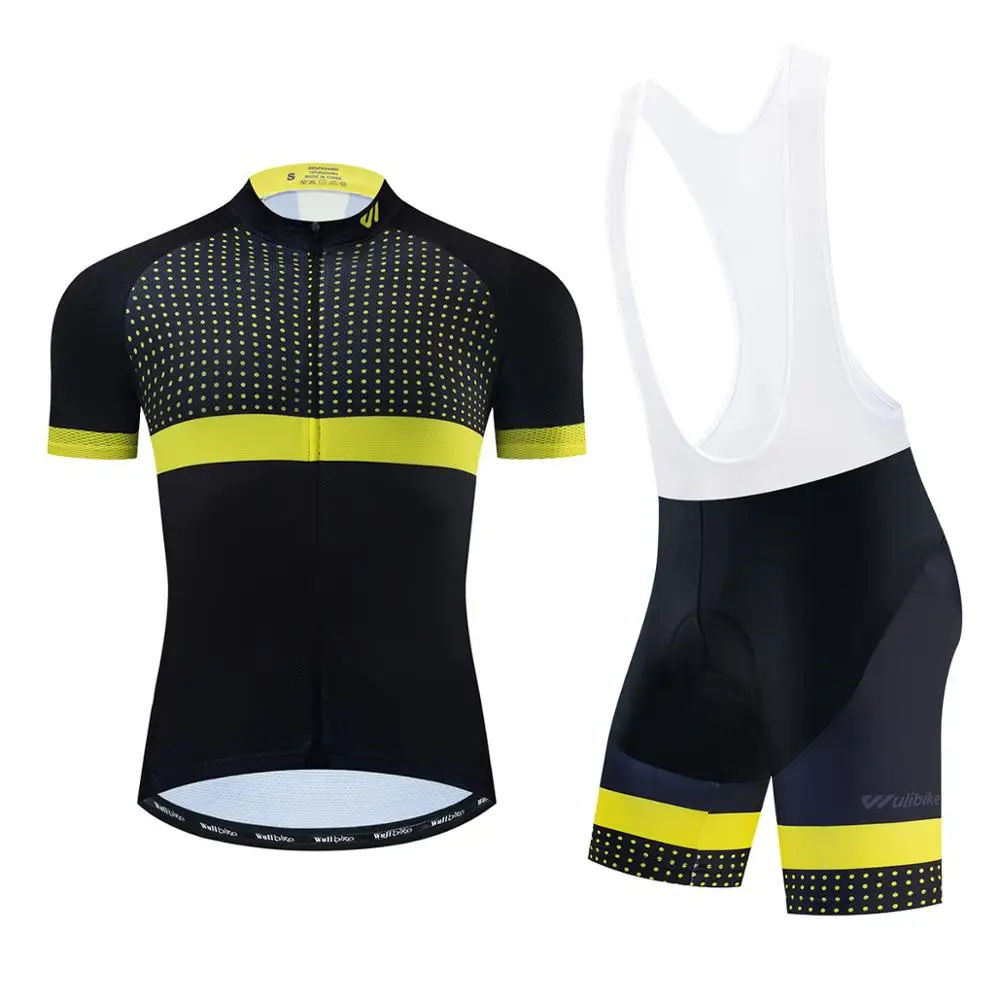 

wulibike wave point yellow cycling clothing men's short sleeve bib shorts suit man summer breathable road bike sportwear