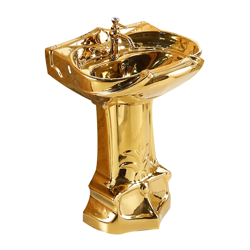 Lavabo de pie de cerámica para baño de estilo europeo, nuevo lavamanos de pedestal dorado galvanizado