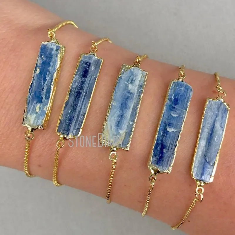 BM20125 Raw Kyanite Bar Gold Color Adjustable Chain Bracelet Denim Blue Jeans Boho Jewelry