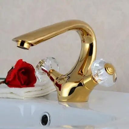 Vidric Luxury long neck golden faucet ,brass sitting mounted crystal hand wheel single hole basin faucet, hot cold mixer tap