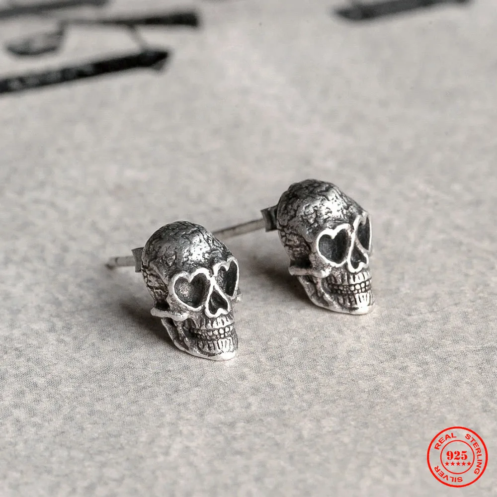 MKENDN 925 Sterling Silver Creative Retro Heart Eyes Skull Stud Earring Punk Street Style Ear Pin For Men Women Fine Jewelry