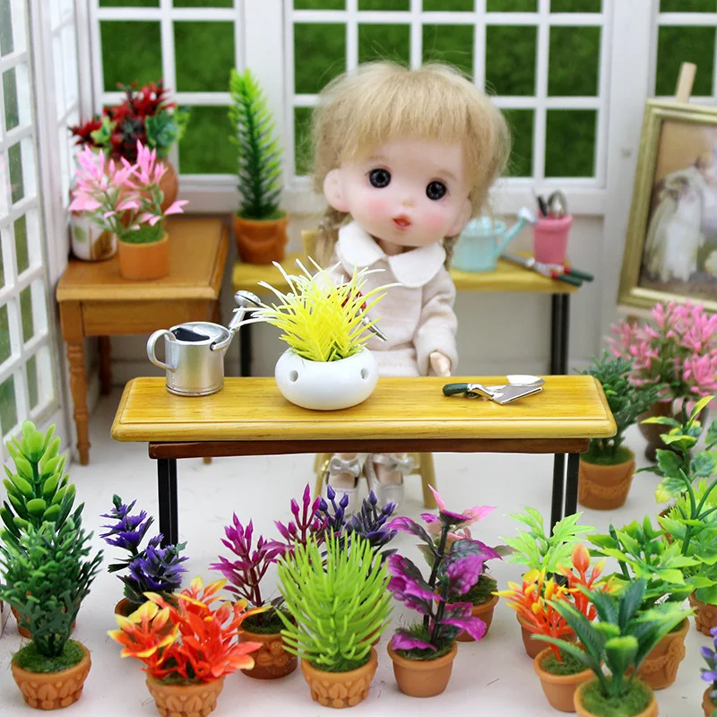 5pcs Dollhouse Plant Miniature Bonsai Plant Mini Potted Plant Flower Model Tiny Fake Greenery Ornament Dollhouse Furniture