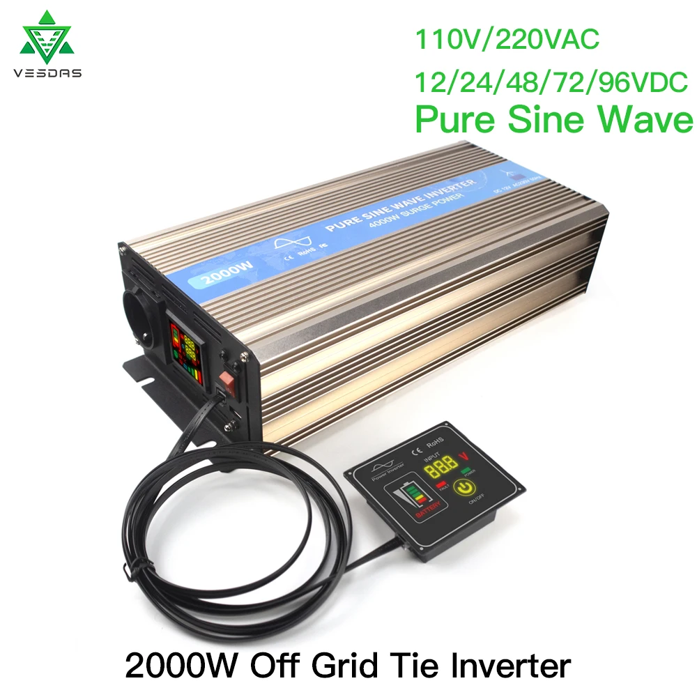 2000W Off Micro Grid Inverter 12V 24V Pure Sine Wave Solar Converter Wind Generator Car Inversor 4000W Surge Power for Battery