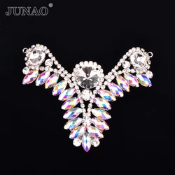 JUNAO 80*100mm 1pcs Sewing Silver AB Crystal Glass Rhinestone Flower Strass Buckle Flat Back Stones Appliques for Decoration