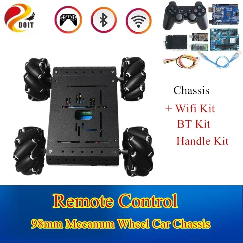 

Wifi/BT/PS2 Remote Control 96mm Mecanum Wheel Car Chassis RC Smart Robot Vehicle Robotic Base With Aluminum Alloy Plate MC110