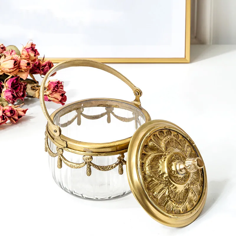 Brass Carving Tank Hand Candy Pot Tea Storage Ornaments Jewelry Storage Box Home Decoration Desktop Ornaments Crafts Retro