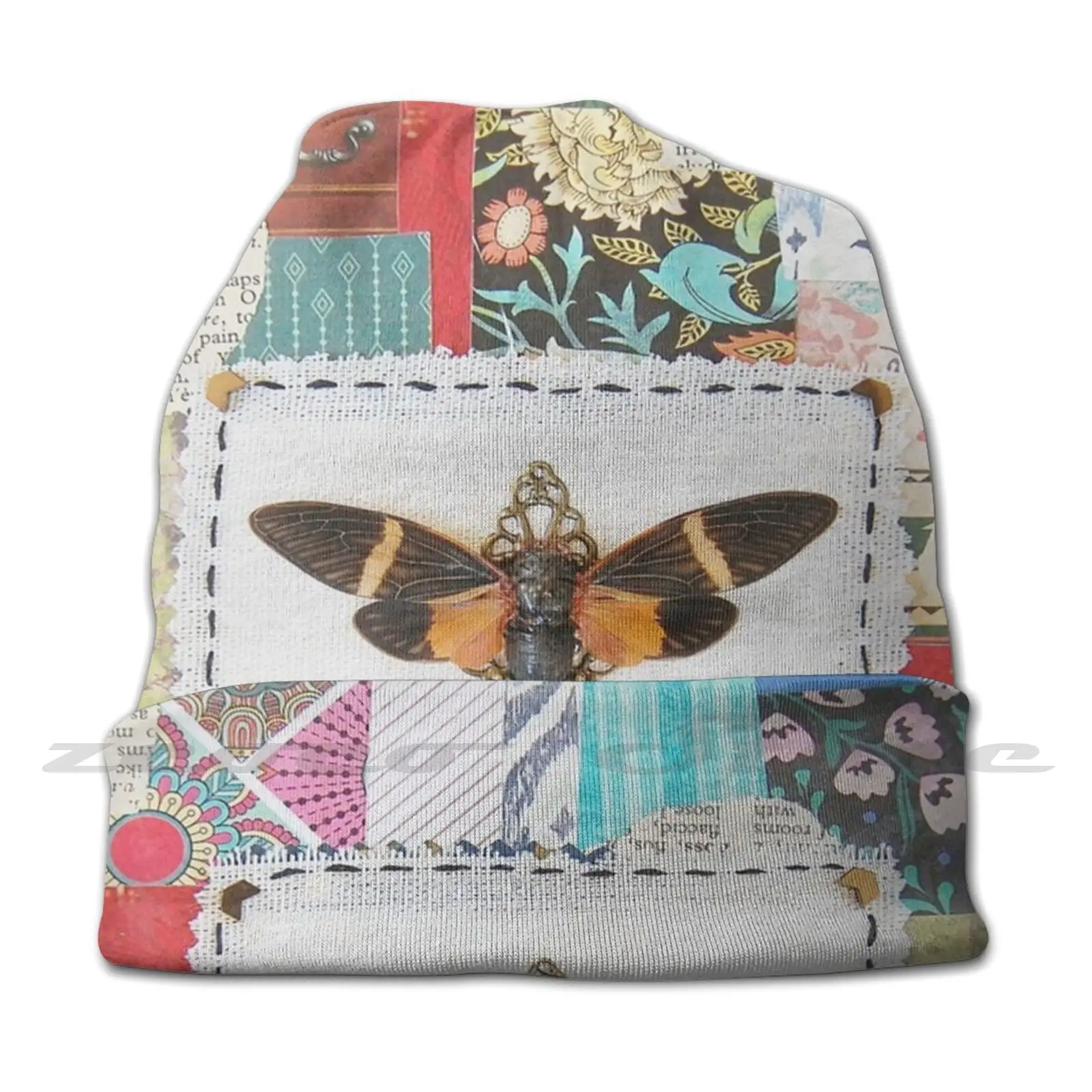 Patchwork Cicada Personalized Pattern Knit Hats Plus Size Elastic Soft Cap Cicada Insect Bug Moth Patchwork Pattern Cottagecore