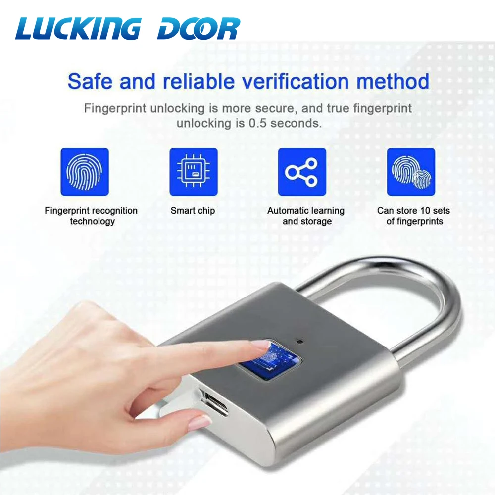 Waterproof USB Rechargeable Smart Lock Zinc Alloy Metal Anti-theft Fingerprint Padlock Quick Unlock for Door