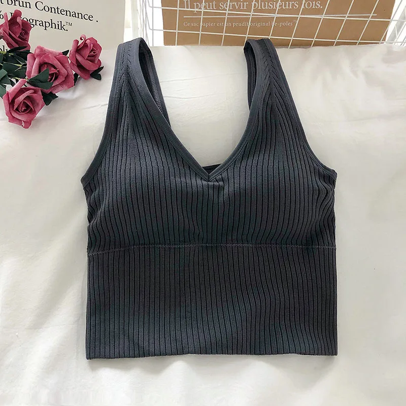 V Neck Women\'s Tank Crop Tops Female Knitted Tops Sexy Lingerie Seamless Underwear Streetwear Cropped Tee Padded Camisole