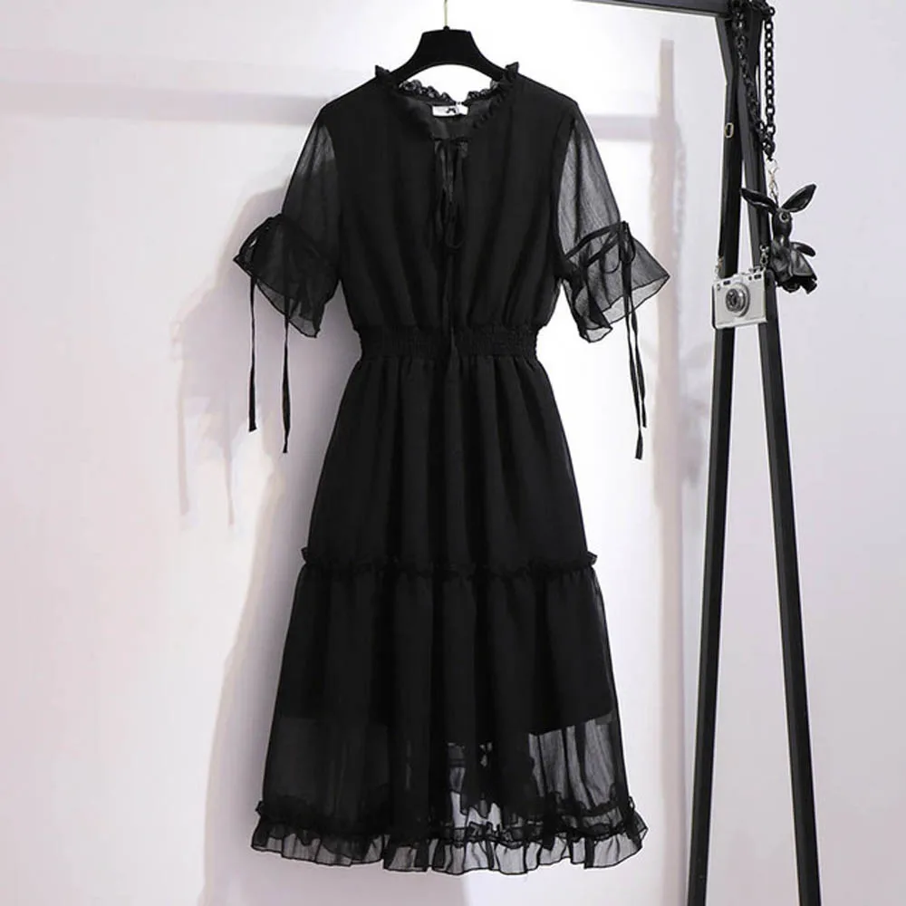 

150Kg Plus Size Women's Wummer Fungus Ear Flared Sleeve Dress Bust 148cm 5XL 6XL 7XL 8XL 9XL Loose Chiffon Dress Black Green