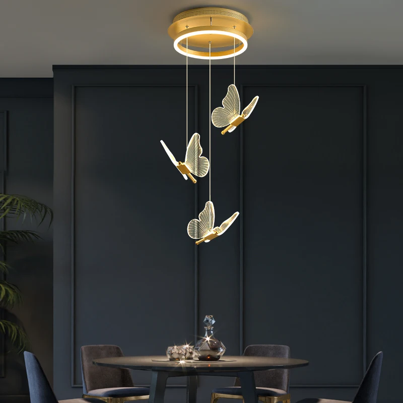 Jmzm Modern LED Chandelier Butterfly Long Chandelier Adjustable Length Duplex Stair Light Living Room Art Dining Light