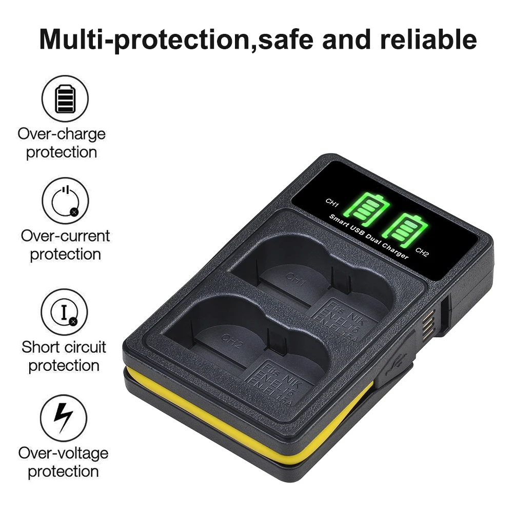 Batería + cargador USB dual LED para batería EN-EL15 EN-EL15A y Nikon D600 D610 D750 D800 D810 D850 D7000 D7100 D7200 1 v1