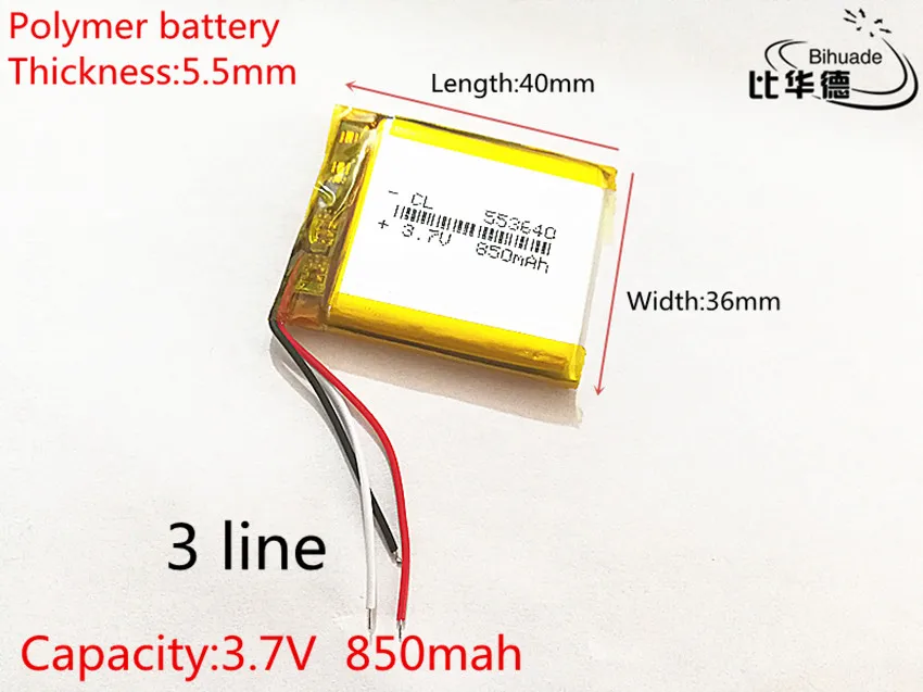 3 line 3.7V 850mAh 553640 Lithium Polymer Li-Po li ion Rechargeable Battery cells For Mp3 MP4 MP5 GPS  mobile bluetooth
