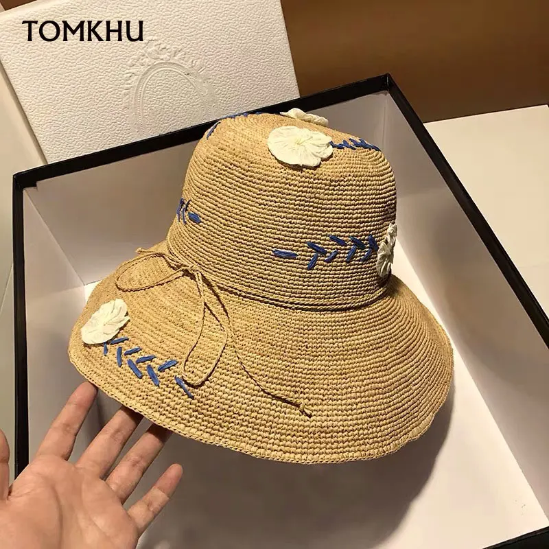 Fashion Raffia Straw Hat Female Summer Embroidery Flowers Literary Travel Holiday Seaside Beach Hat Sun Protection Big Edge Cap