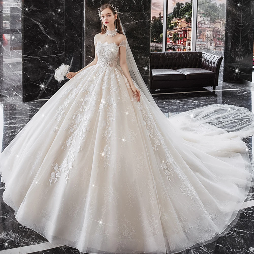 Vestido De Noiva Luxury Ball Gown Wedding Dress Tassel Short Sleeve Robes De Mariage High Neck Sukienka Na Wesele Hochzeitskleid