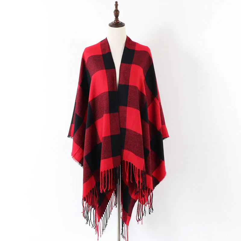 New Hot Winter Design Women Red Buffalo Plaid Blanket Poncho Cape Oversize Shawl Stole