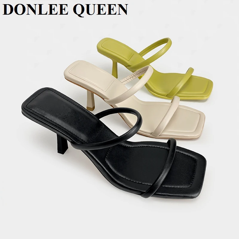 New Fashion Thin Heels Slippers Women Candy Color Slides High Heel Brand Narrow Band Sandal Party Shoes Sandalias De Las Mujeres