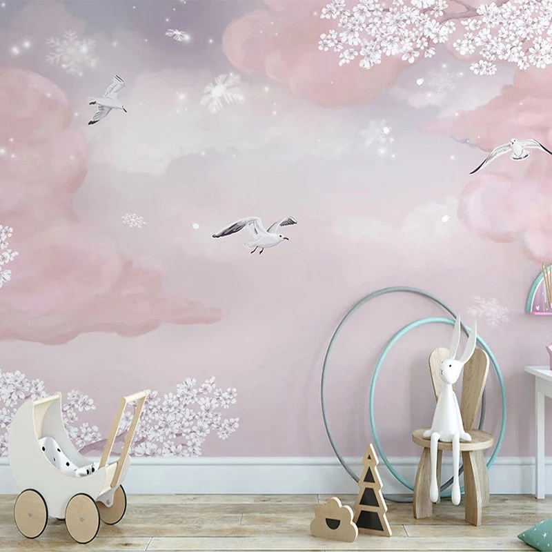 Custom Mural Nordic Ins Hand-painted Fantasy Pink Clouds Romantic Cherry Blossom Children's Room Background Wall Papel De Parede