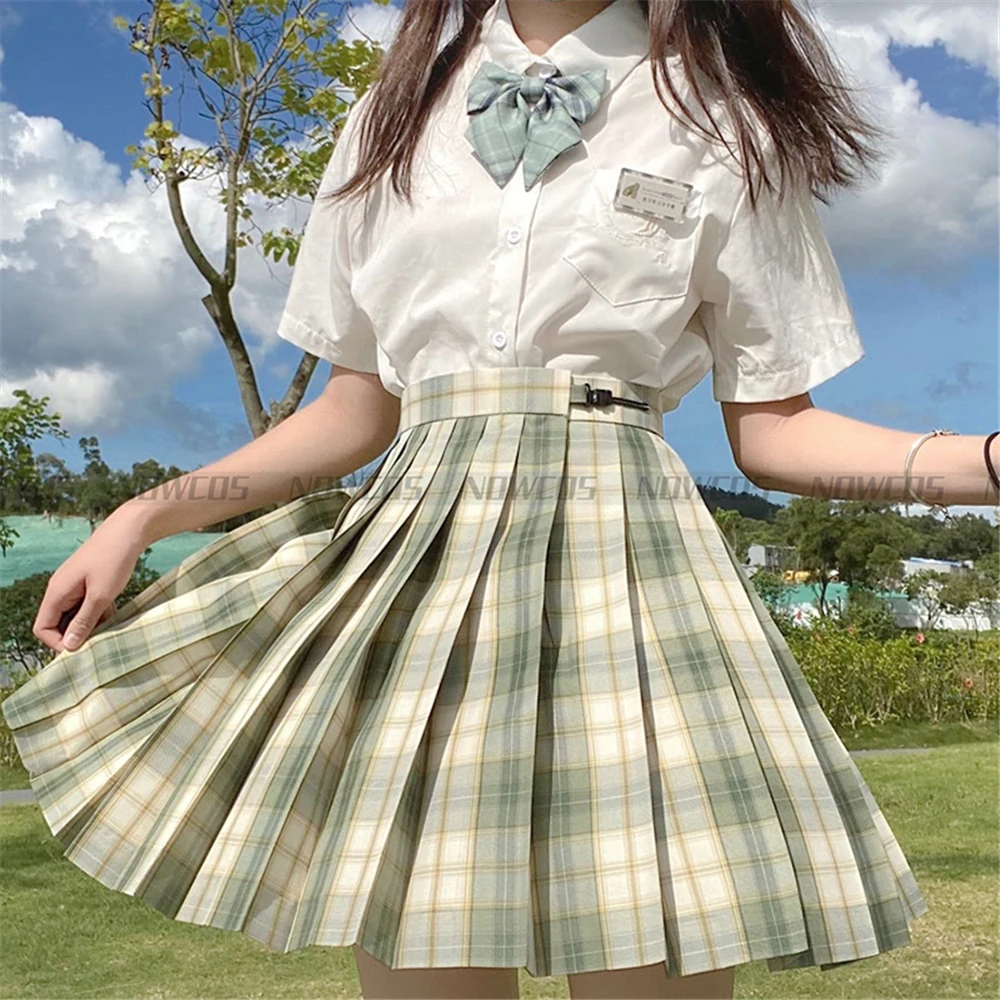 

[Matcha Waffle] Long/Short sleeve Summer High Waist Plaid Pleated Skirts Women Dress JK School Uniform Students Girls Clothes