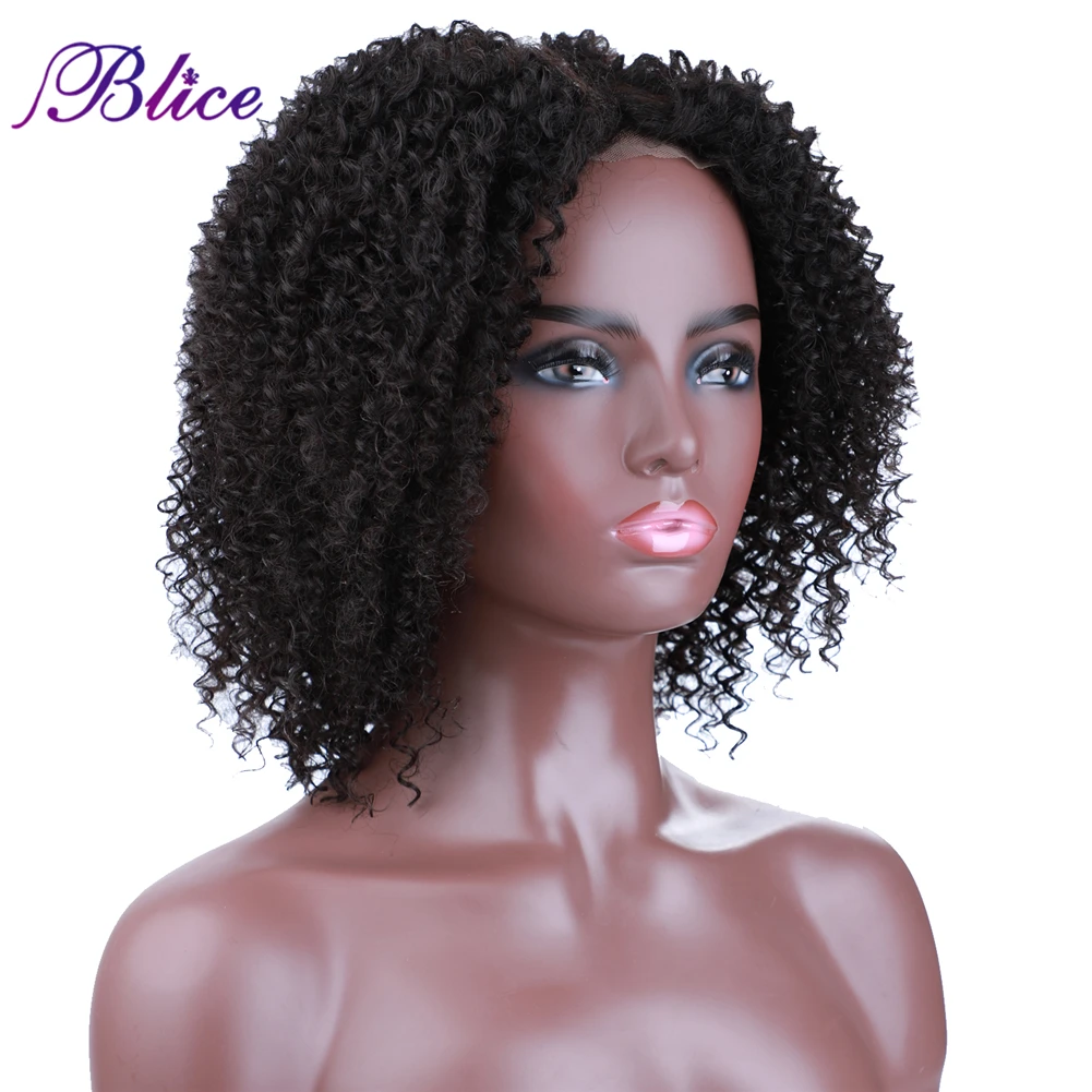 Blice Afro Kinky Curly Middle Part Closure Wig Natural Mixed Synthetic Hair Wigs 16 Inch Black Color For Women