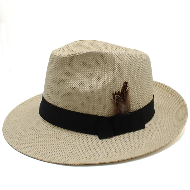 Men Women Straw Panama Hats Summer Wide Brim Sombrero Fedora Sunhats Feather Band Trilby Caps Outdoor Travel Size US 7 1/4 UK L