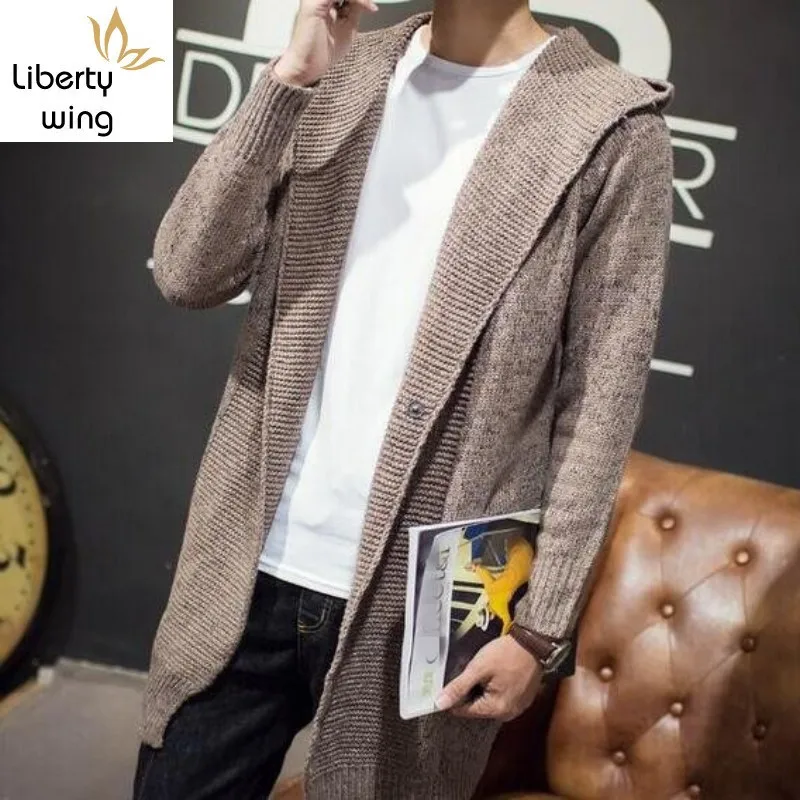 High Quality Mens Autumn Knitwear Hooded Cardigan Male Fashion Casual Long Sweater Slim Fit Outwear Cap Coats Size M-2xl