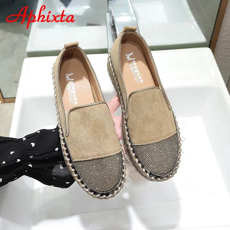 Aphixta Fashion Crystals Luxury Design Flats Shoes Women Hand Sewing Slip-on Flat Platform Footwear Female Loafers