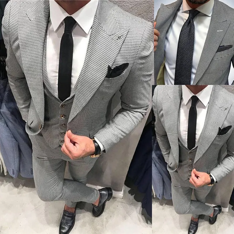 

Formal New Style Houndstooth Men Suits Groomsmen Peak Lapel Groom Tuxedos for Wedding Prom/Business Prom Best 3PCS Man Blazer