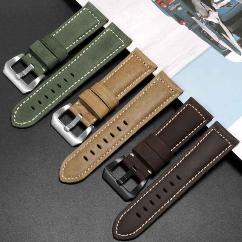 Retro Frosted leather watchband 20 22 24 26mm dark brown khaki army green strap  for men\'s watch accessories  Gift tool