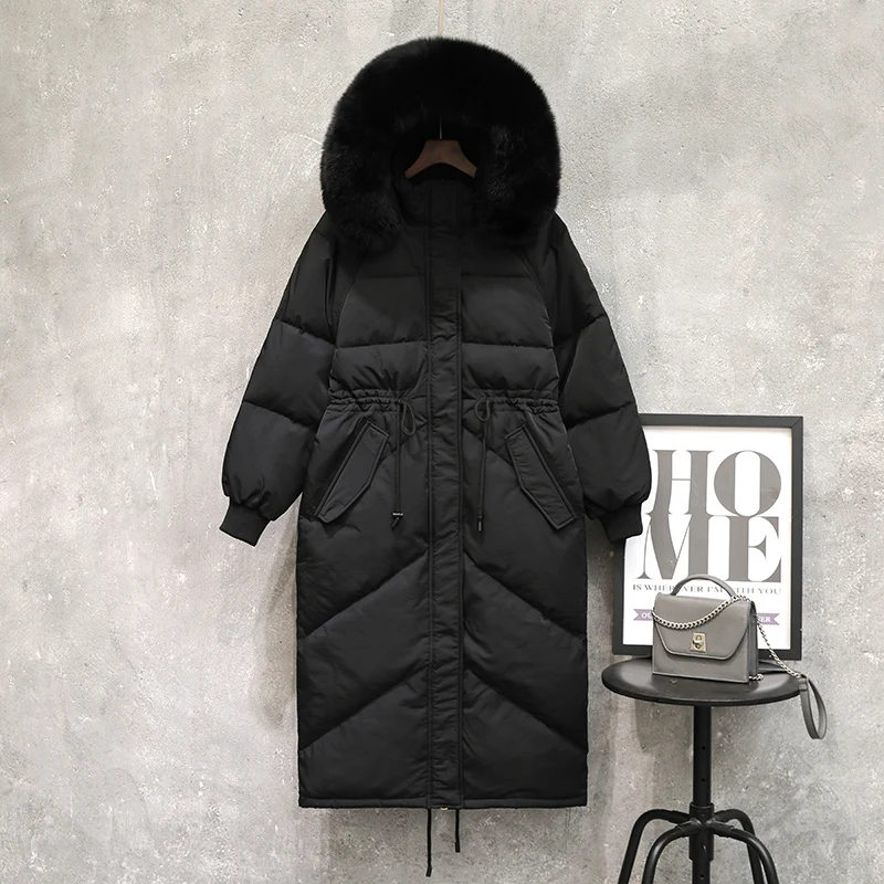 Doudoune à capuche en vraie fourrure de renard pour femme, manteau épais et chaud 90% duvet de canard, Parka longue, vêtements d'hiver 2019, LW1612