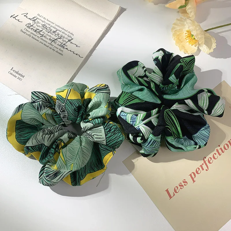 Spring Summer Big Leaf Flower Print Elastic Hair Rope Holiday Hair Band Ponytail Holder Vintage Hair Scrunchies Thick Hair Gum